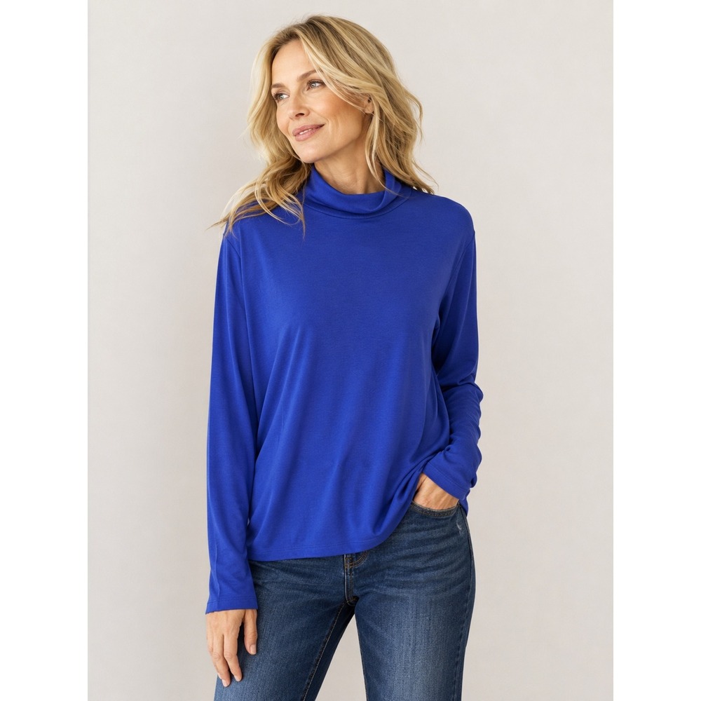 A New Day Mock Neck Top Womens 1X Blue Iris Long Sleeve Ribbed Modal Stretch New